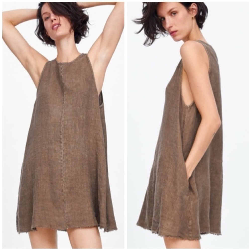 Zara Linen Crinkled Sleeveless Relaxed Mini Dress Boho Neutral Beachy Lagenlook - Picture 2 of 12